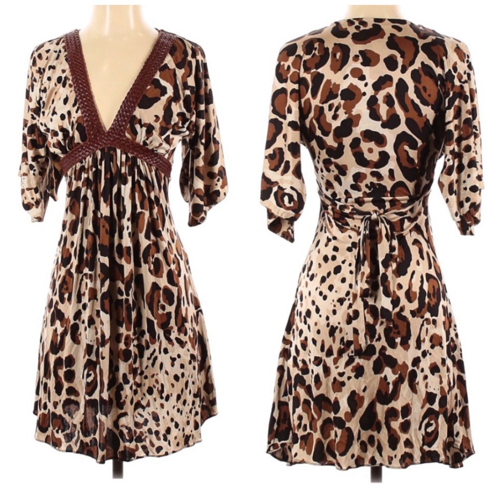 Sky Animal Print Silk Plunge Belted Dress …